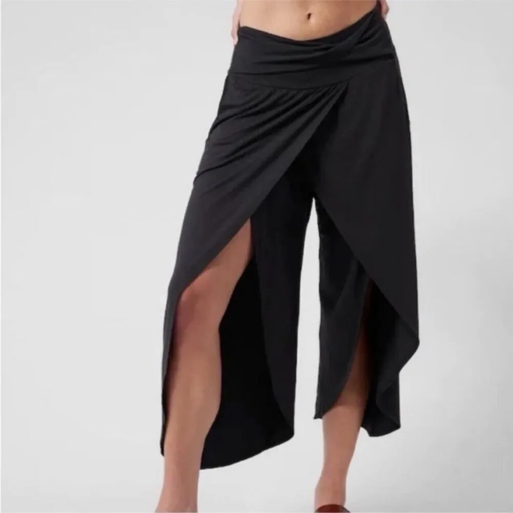 Athleta Release Pant Black‎ XL Modal Wrap Front Split Leg Yoga Lounge Pants